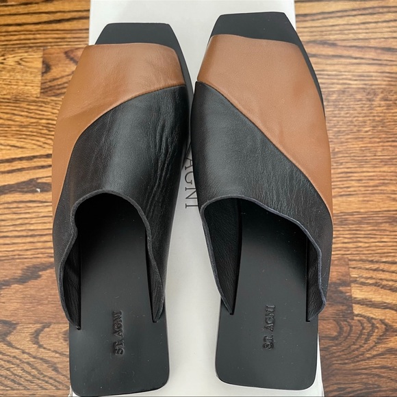 St. Agni’s Modernist Slide Asymmetrical Black Tan Square Toe sz 37 7 fits 6.5 - Picture 7 of 8
